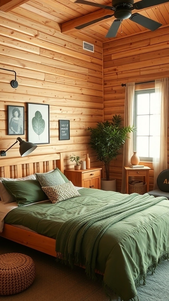Cozy bedroom featuring natural wood walls and green bedding