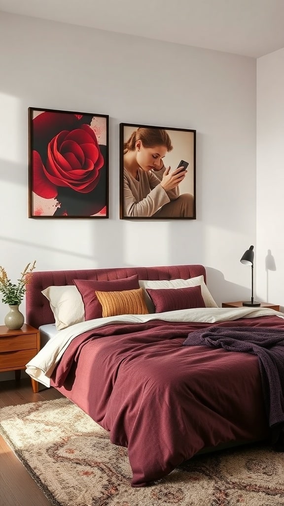 A burgundy bedroom featuring two wall art displays: a red rose and a woman using her phone.