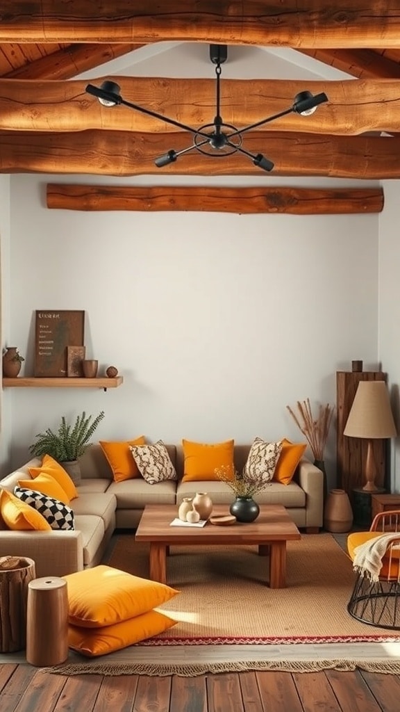 A cozy living room featuring rustic wooden beams, a neutral sofa with ochre pillows, a wooden coffee table, and natural decor elements.
