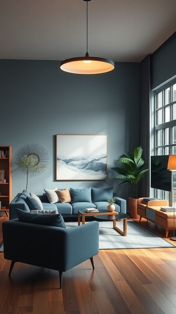 A stylish slate blue living room featuring layered lighting solutions with a pendant light and a table lamp.