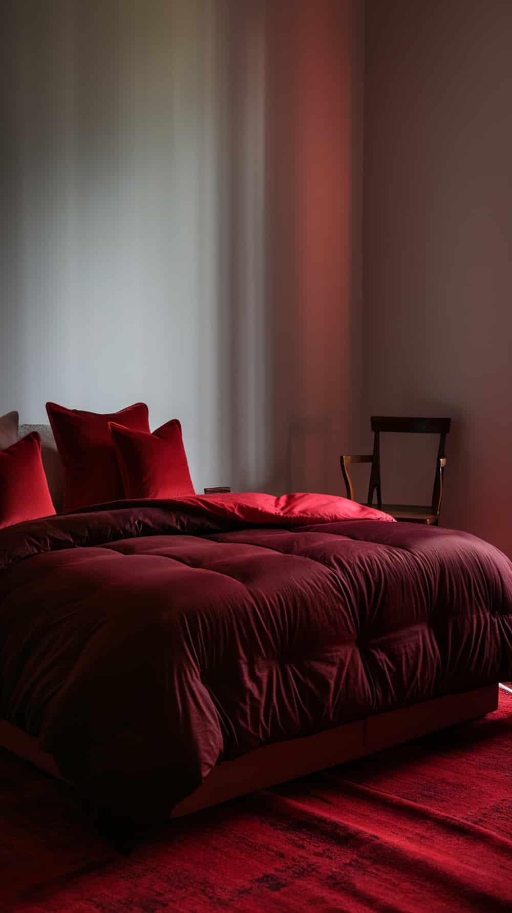 A cozy bedroom featuring scarlet accent pillows on a bed with soft bedding and a matching blanket.