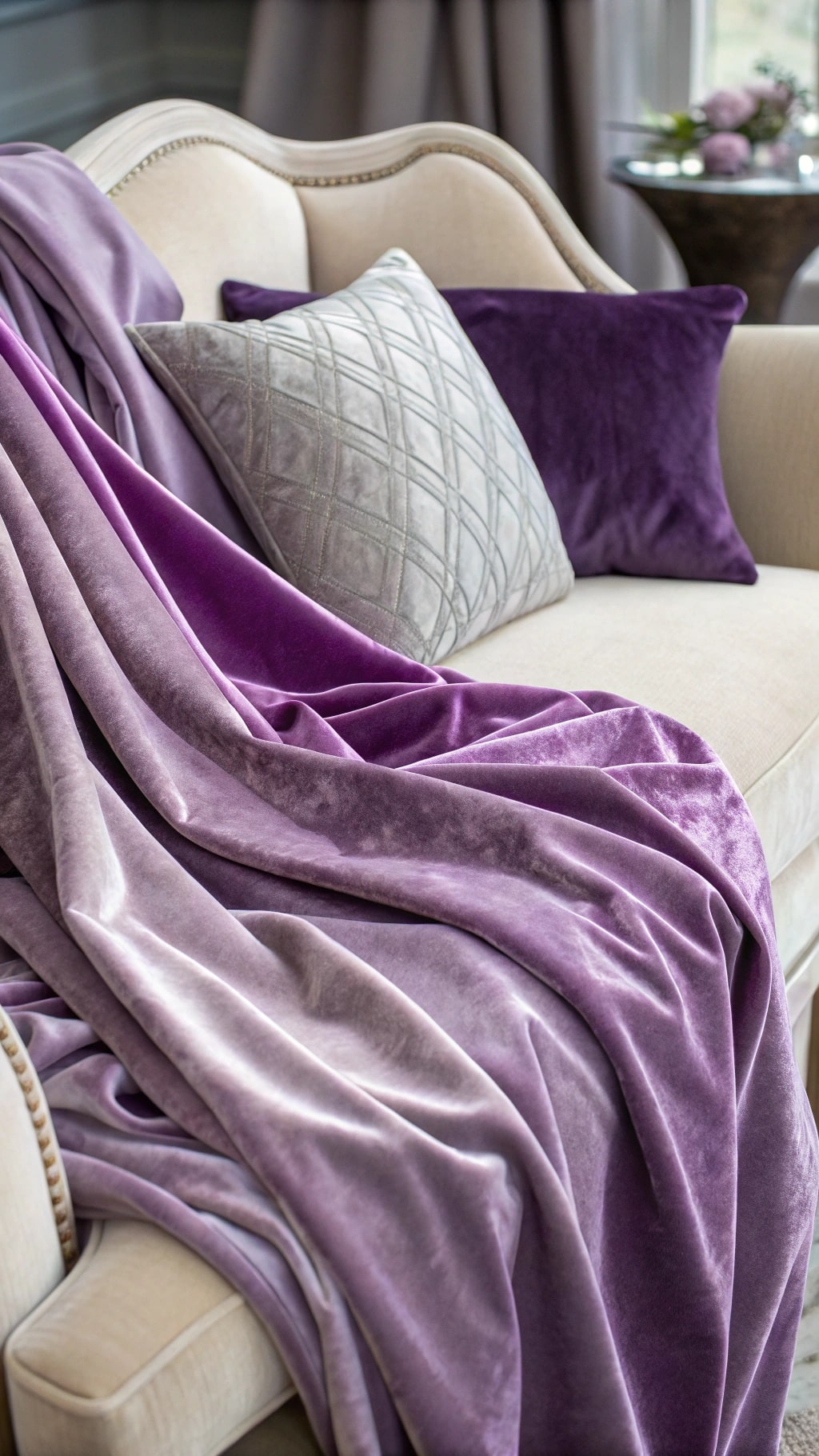 A cozy living room scene featuring a lavender velvet throw and decorative pillows on a light-colored couch.