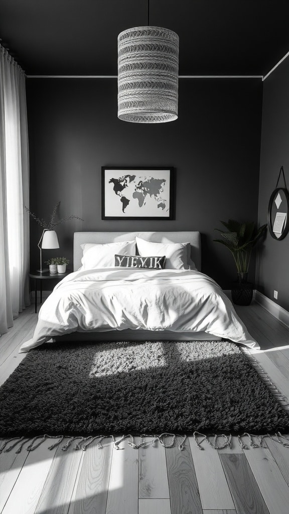 A minimalist black and white bedroom featuring layered rugs for warmth, with dark walls, light wooden floors, and stylish decor.