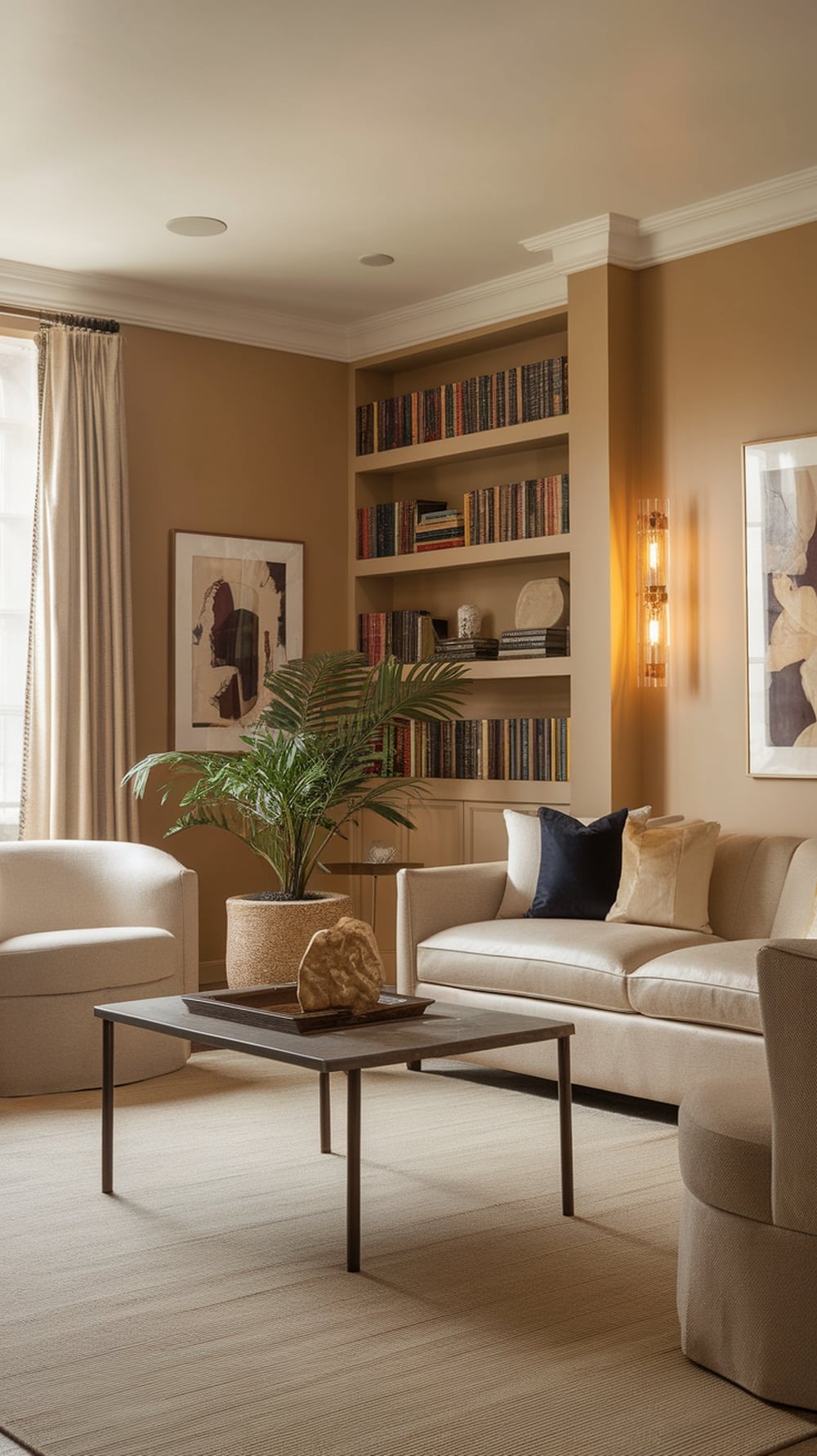 A cozy living room with Accessible Beige walls, featuring a plush sofa, comfortable chairs, a bookshelf, and a potted plant.
