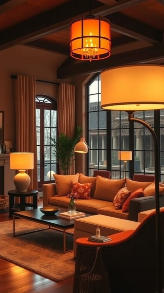 A warm and inviting living room featuring burnt sienna tones, stylish lighting, and large windows.