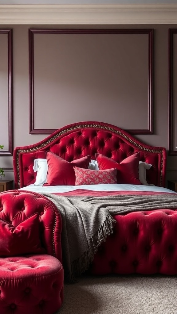 A burgundy velvet upholstered bed with a tufted headboard and matching ottoman, adorned with decorative pillows.