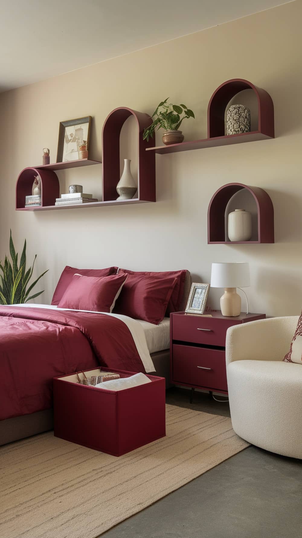 A burgundy-themed bedroom featuring stylish storage solutions with cabinetry above the bed and a matching nightstand.