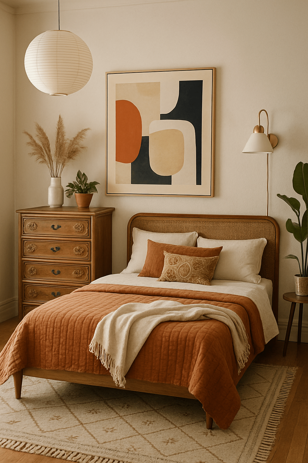 A cozy bedroom featuring a mix of vintage and modern decor, with a rattan headboard, wooden dresser, and earthy tones.