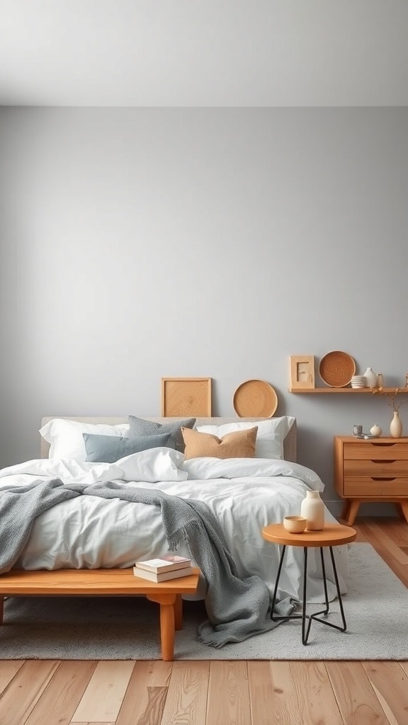 A neutral gray bedroom featuring light wood furniture, soft bedding, and decorative elements.