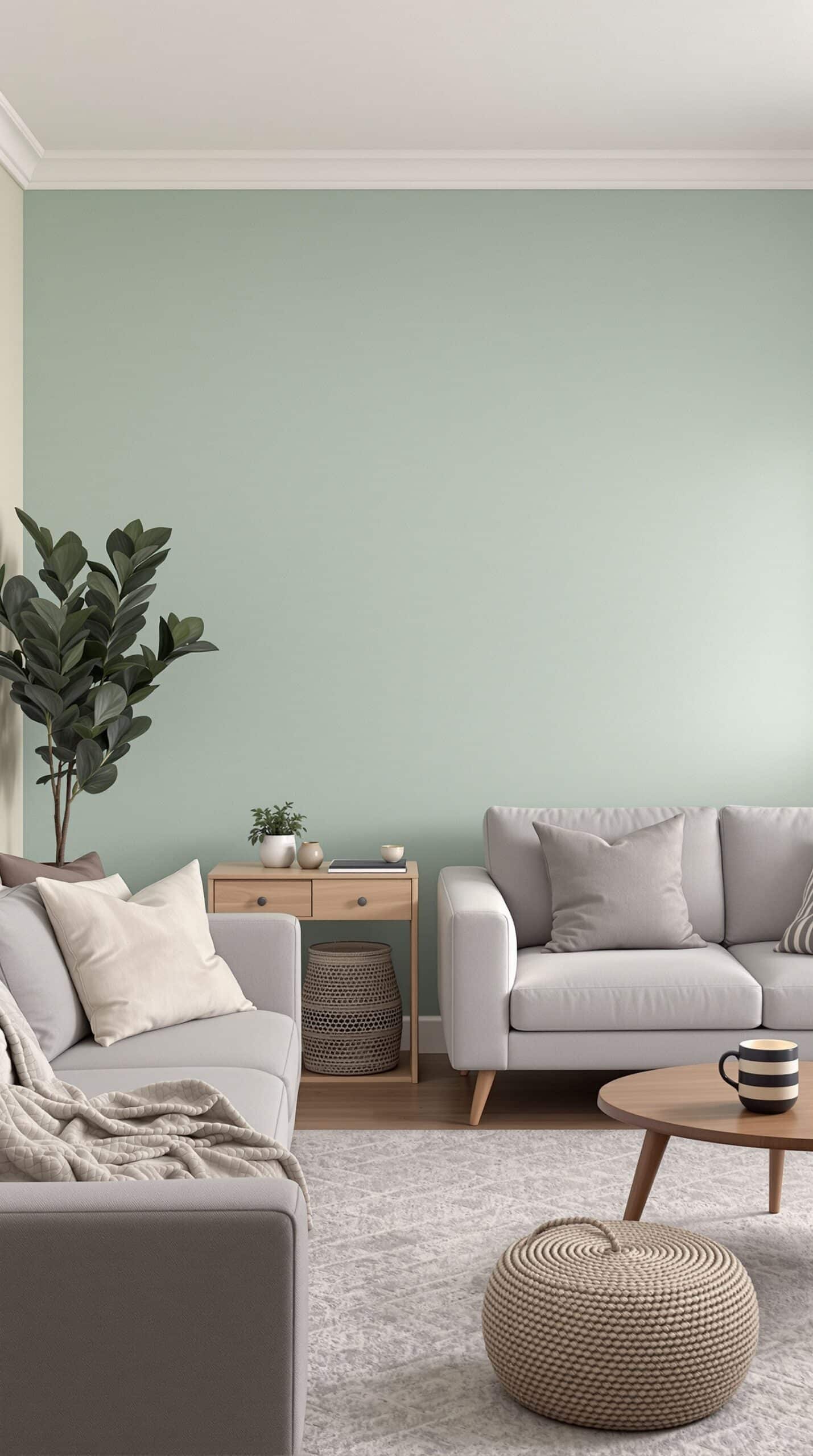A cozy living room featuring a mint accent wall with a TV, wooden furniture, and decorative elements.