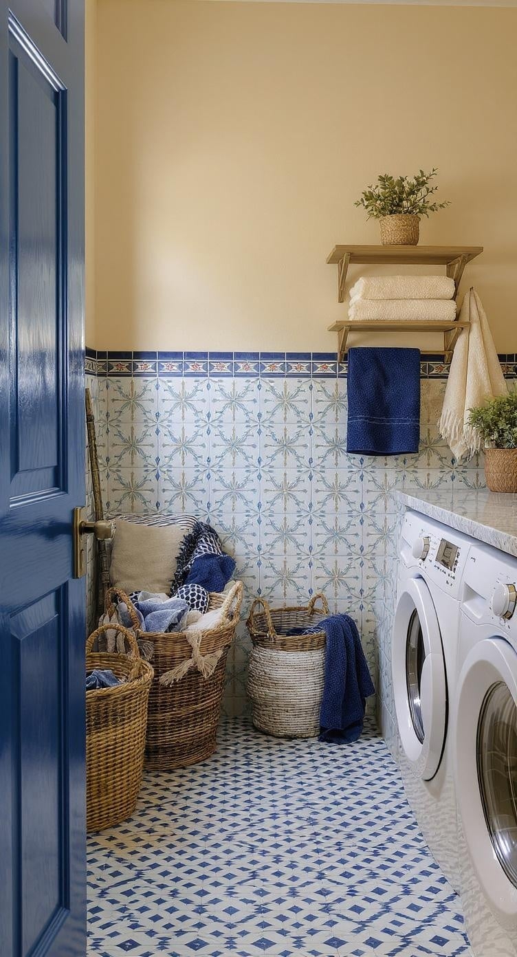A stylish laundry room featuring indigo and earthy tones with patterned tiles and woven baskets.