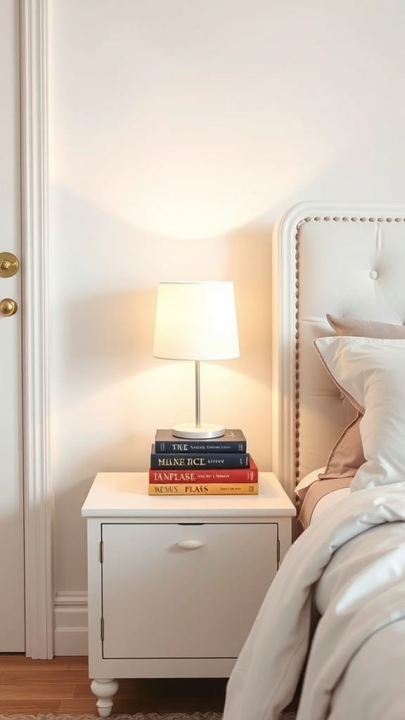 A white bedside table with a lamp and stacked books beside a bed