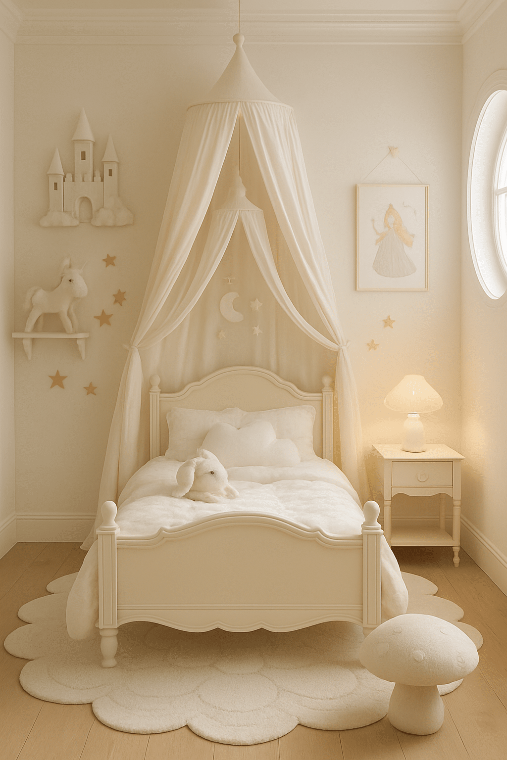 A whimsical white bedroom featuring a canopy bed, plush toys, and fairy tale decorations.