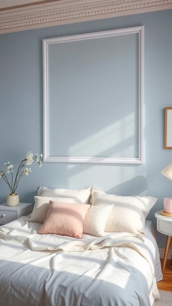 A serene light blue bedroom with soft pastel accents, featuring a bed with cream and pink pillows, and a bedside table with flowers.