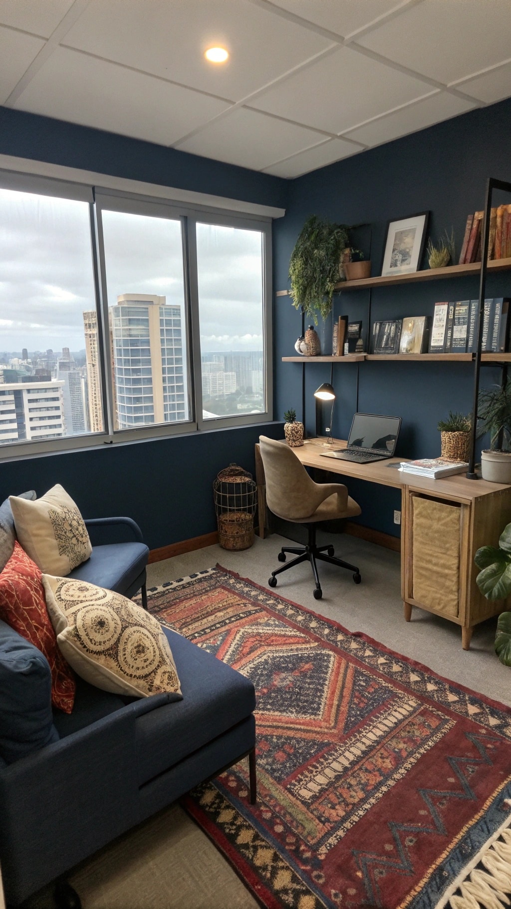 A navy blue office with a patterned rug, throw pillows, and a stylish desk.