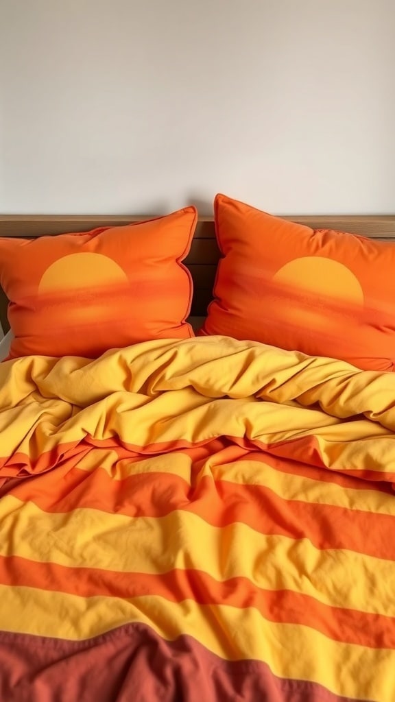 Bedding with sunset colors featuring orange and yellow stripes and sun motifs on pillows