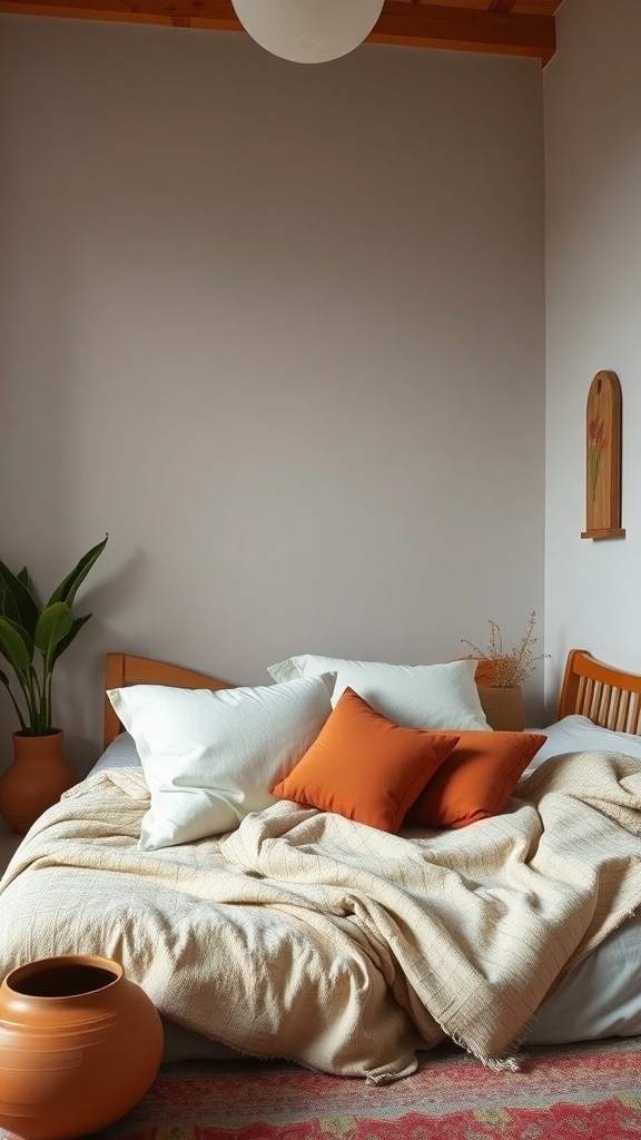 A cozy bedroom featuring terracotta accents with orange pillows and pots.