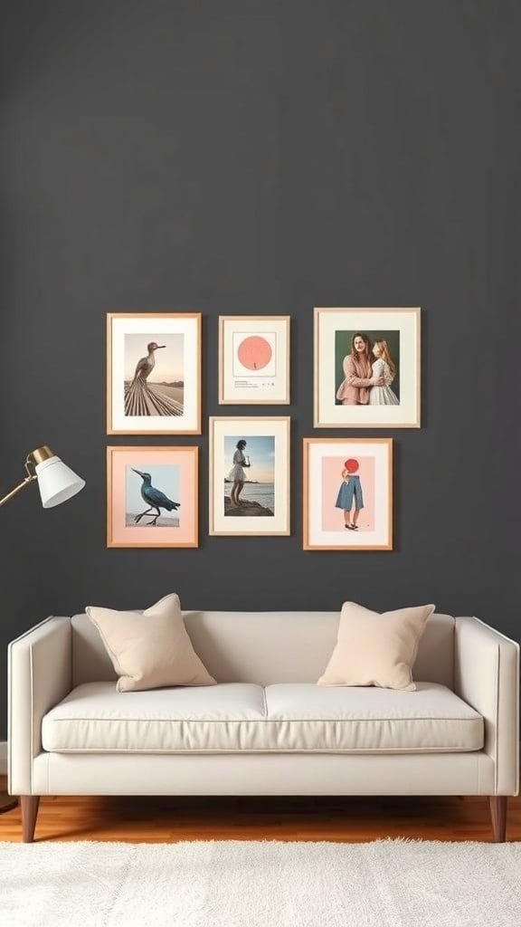 A blush pink gallery wall with framed art above a neutral sofa.