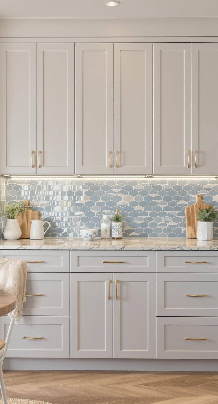 Coastal inspired kitchen with greige cabinets and soft blue backsplash