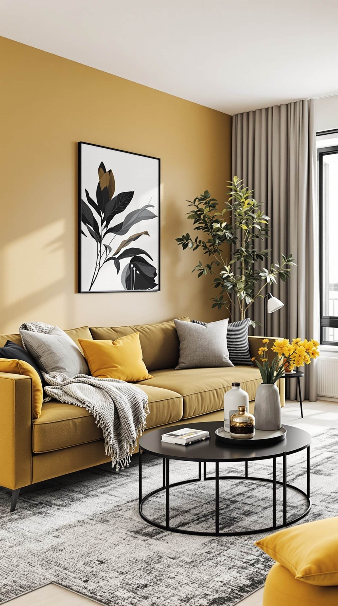 Living room with mustard yellow and gray color palette, featuring yellow chairs, gray walls, and wooden furniture.