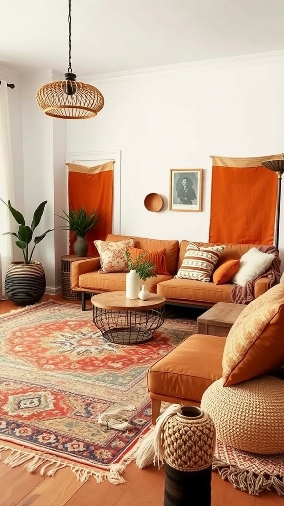 A cozy boho living room with terracotta tones, layered textiles, and a vibrant area rug.