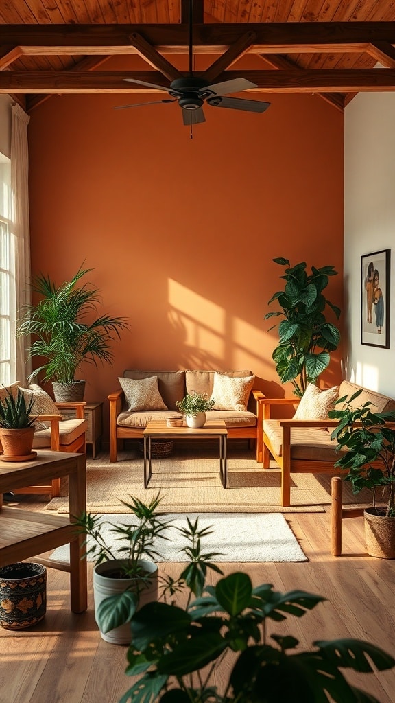 A cozy living room featuring burnt sienna walls, wooden furniture, and various indoor plants.