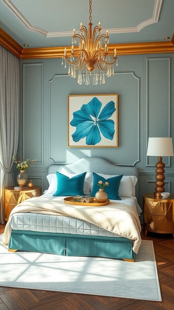 A stylish bedroom featuring aquamarine and gold decor, with a chandelier, blue walls, and elegant bedding.