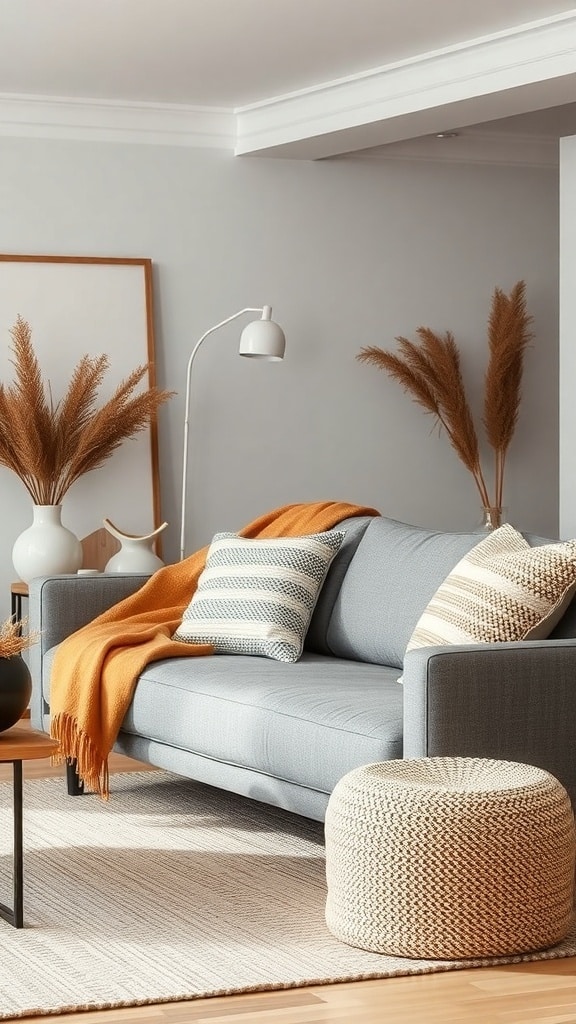 A minimalist living room featuring a gray sofa with orange throw, patterned pillows, and decorative plants.