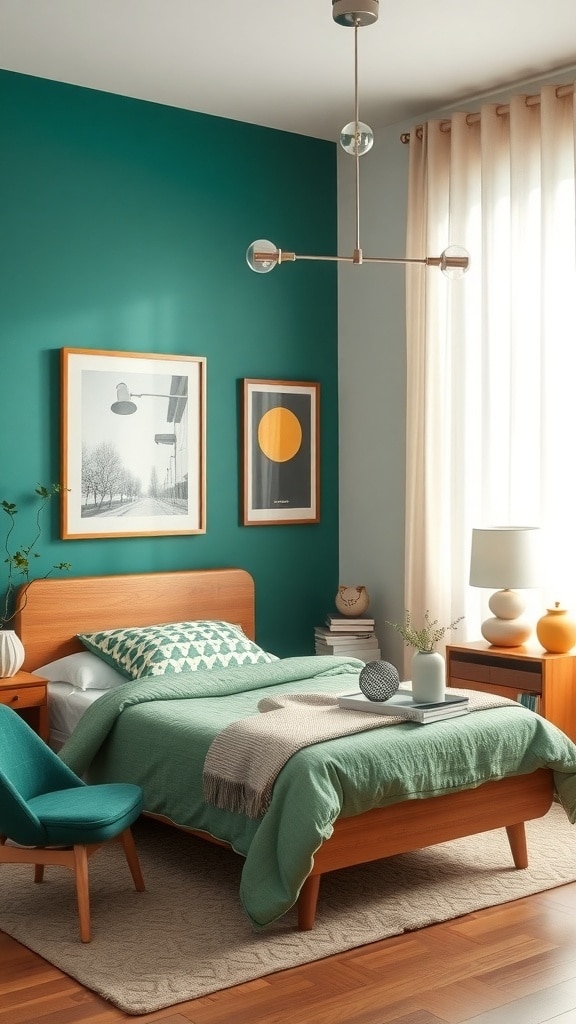 A mid-century bedroom featuring an emerald accent wall, wooden furniture, and modern decor.