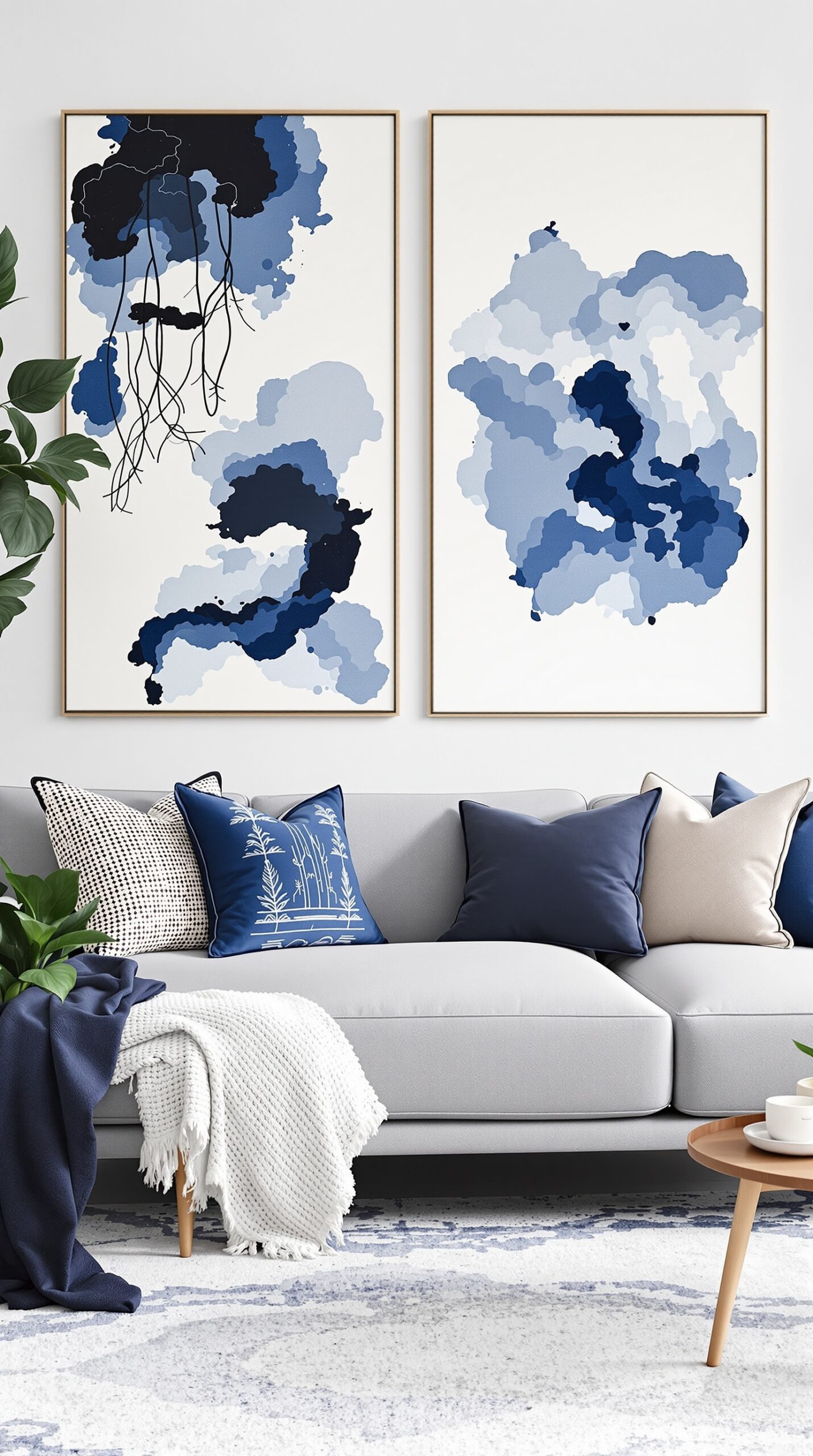 A serene living room featuring indigo wall art above a cozy sofa with blue cushions and a wooden coffee table.