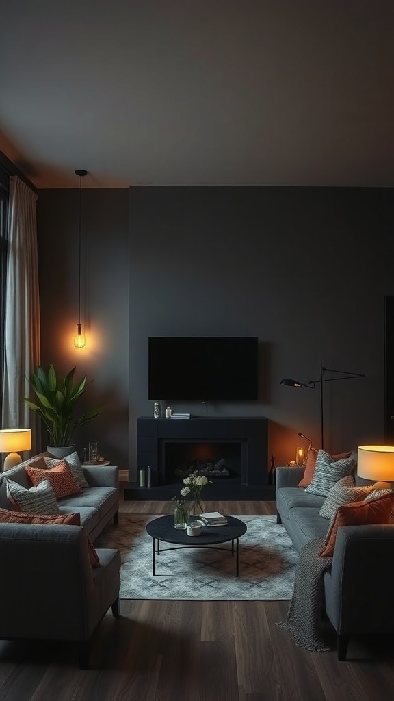 A cozy charcoal gray living room with warm lighting from lamps and a fireplace.