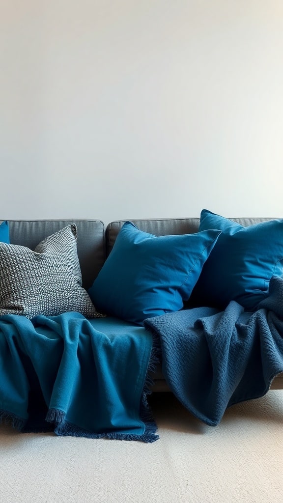 A cozy sofa with indigo throw pillows and a textured black and white pillow, draped with soft throws.