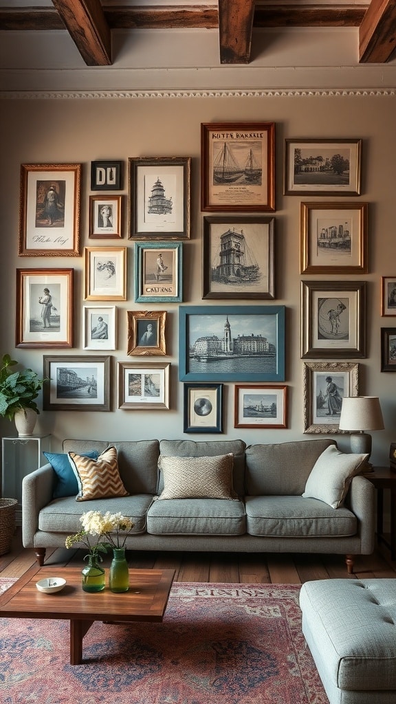 Eclectic dusty blue gallery wall with various framed artworks above a cozy sofa.