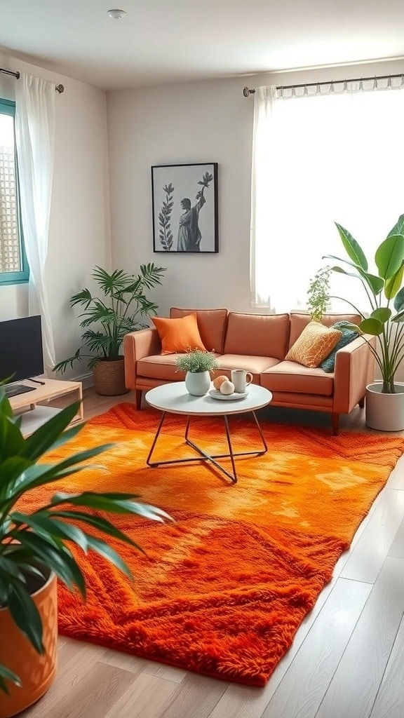 A cozy living room featuring a rust orange area rug, light wooden floors, and plants.