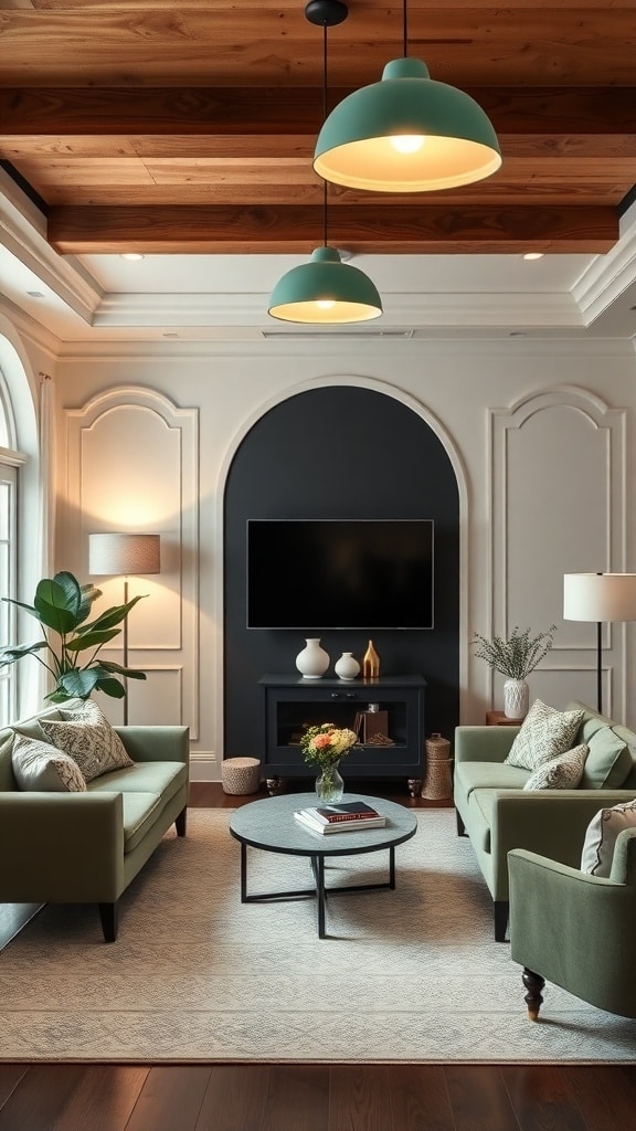 A stylish sage green living room featuring pendant lighting and cozy sofas.
