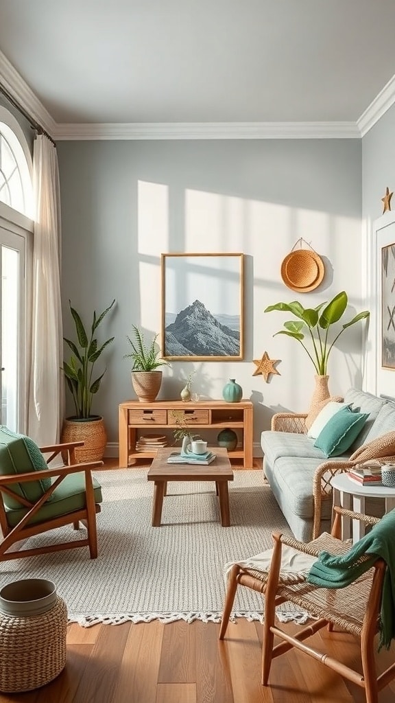 A cozy living room featuring sage green accents, wooden furniture, and natural materials.