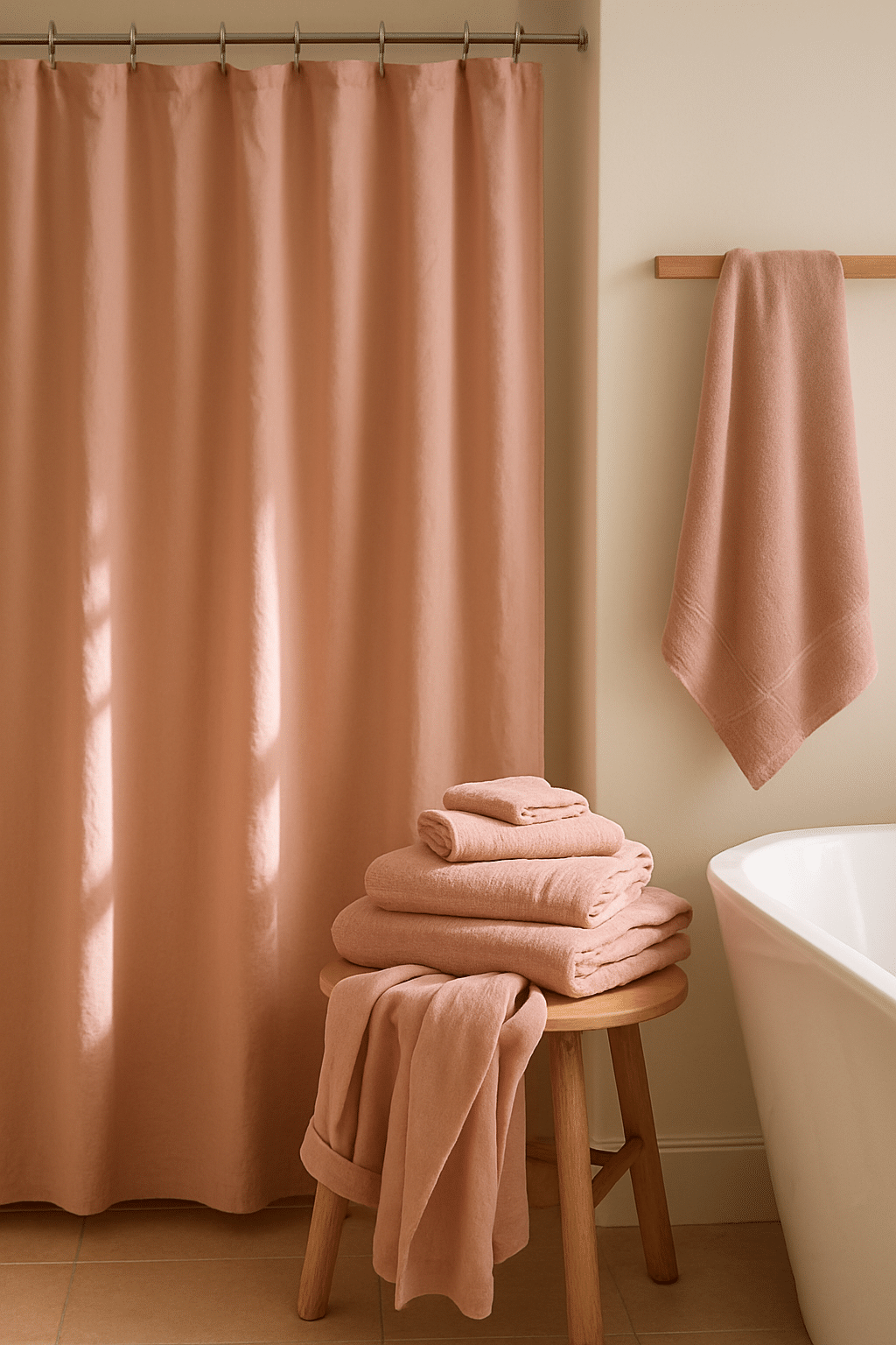Blush pink shower curtain and towels in a cozy bathroom setting