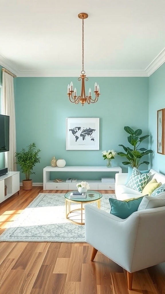 A living room featuring a mint green wall, white furniture, and gold accents.