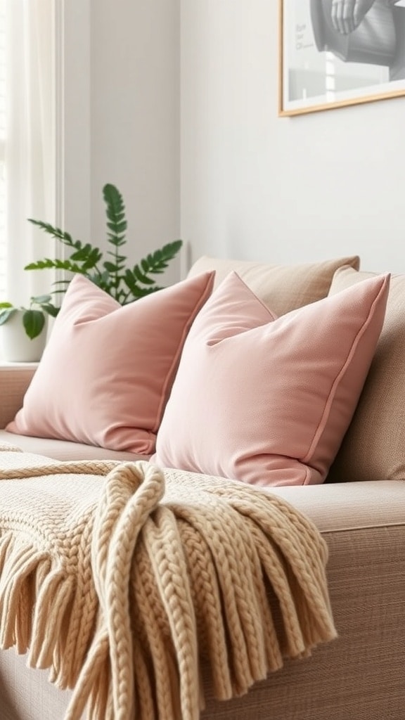 A cozy living room with blush throw pillows on a sofa, complemented by a knitted throw and a green plant.