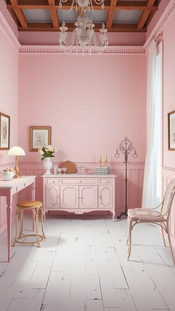 A vintage pink bedroom with white furniture, featuring a chandelier and floral decor.
