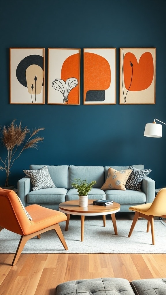 A mid-century living room featuring slate blue walls and artistic wall decor with abstract art in orange and black.