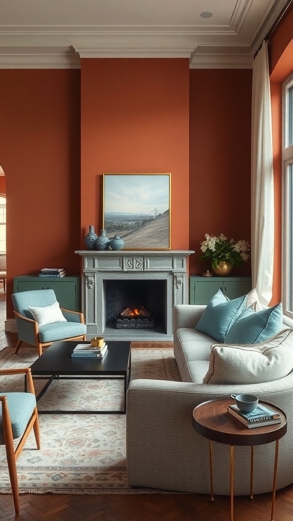 A stylish living room featuring burnt sienna walls, soft blue cushions, and a cozy fireplace.