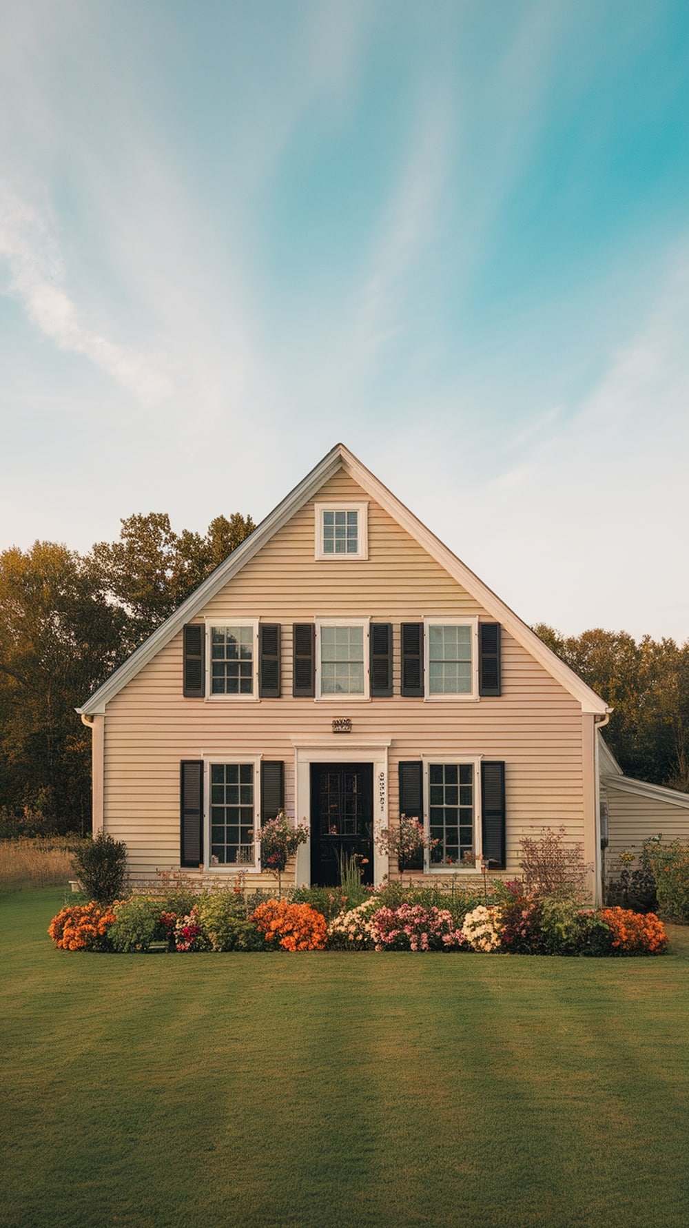 A stylish house exterior featuring accessible beige siding and black shutters, surrounded by colorful flower beds.