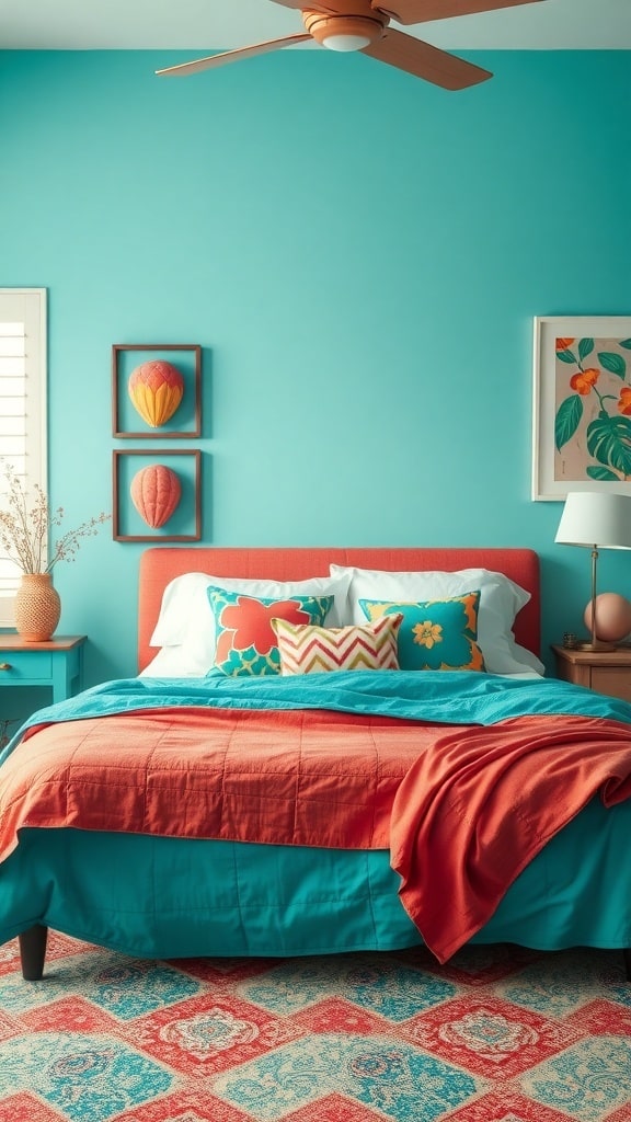 A bright bedroom featuring turquoise walls and coral accents, with a cozy bed and decorative pillows.