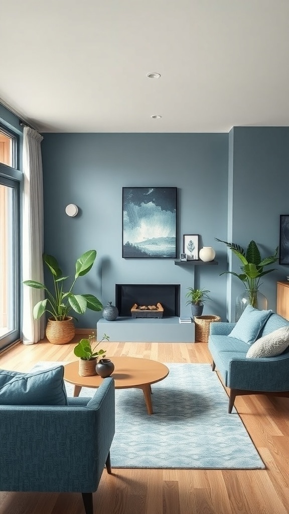 A mid-century living room with slate blue walls, featuring indoor plants and modern furniture.