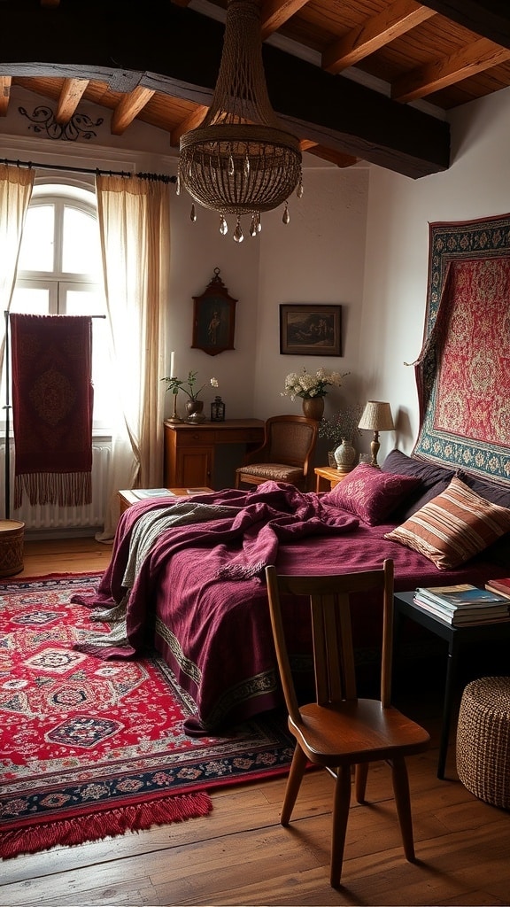 A cozy bedroom featuring burgundy textiles, including a blanket, pillows, and a patterned rug.