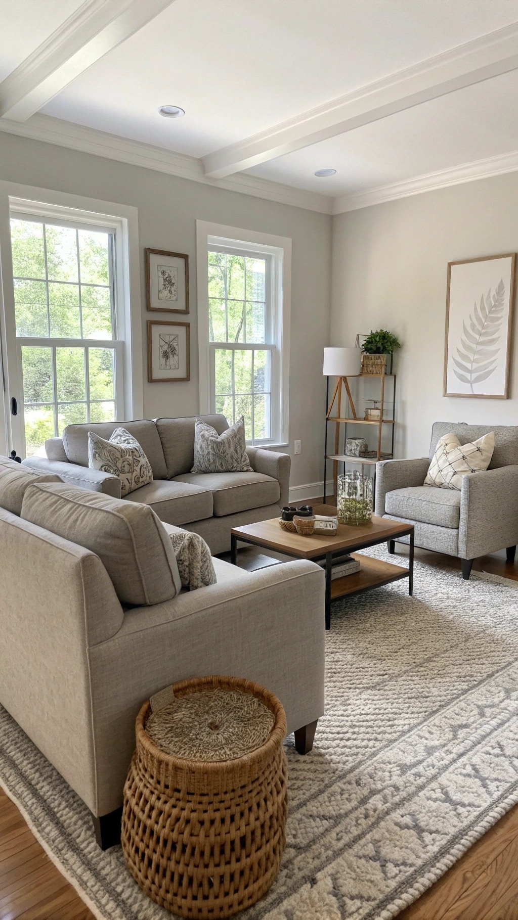 A stylish living room with a neutral greige color scheme, featuring a sectional sofa, colorful cushions, a round coffee table, and a mounted TV.