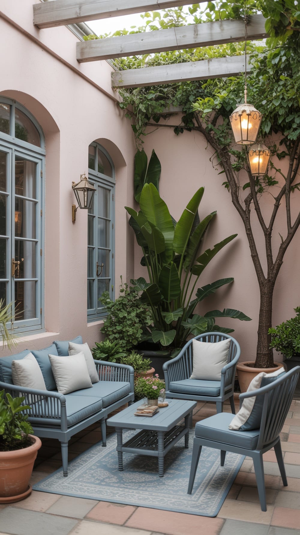 Cozy outdoor seating area with dusty blue furniture, surrounded by greenery and soft lighting.