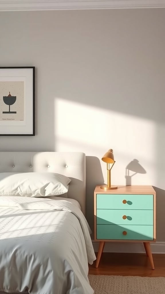A mint green nightstand with three drawers beside a bed, featuring a lamp and a framed artwork on the wall.