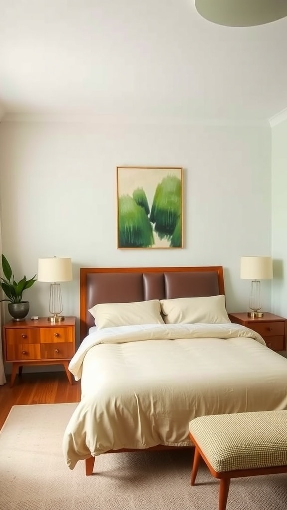 A mid-century bedroom featuring subtle green wall art above a bed with neutral bedding and wooden furniture.
